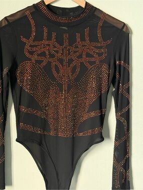 SJL Apparel Black Bodysuit with Copper Rhinestone Trim